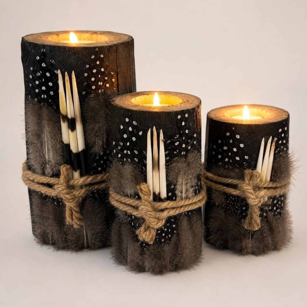 South African Sisal Wood Porcupine Quill Candle Holders Set 3 Handmade Folk Art